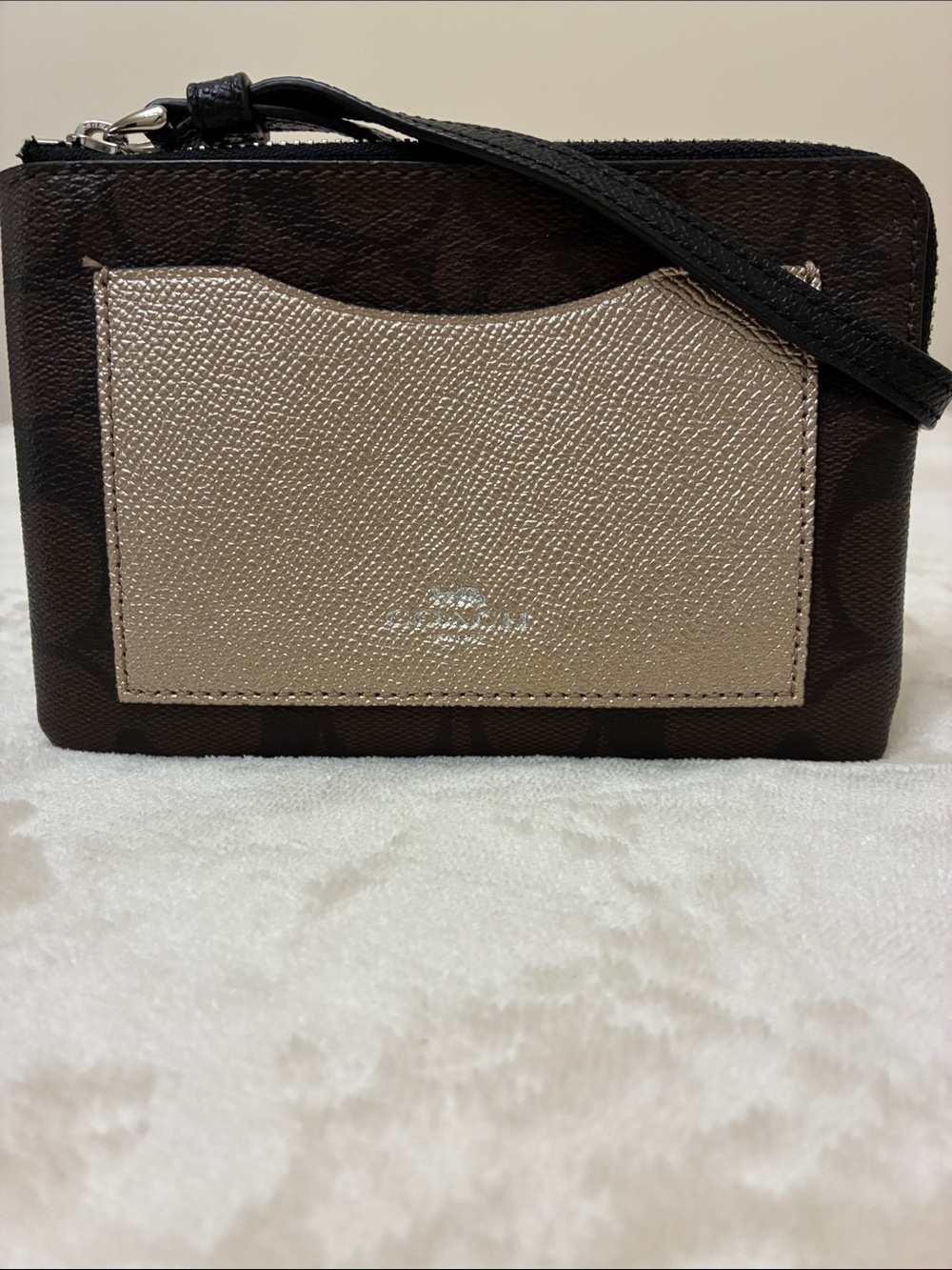 Coach Brown Signature Canvas Card Holder with Metallic Gold Pocket